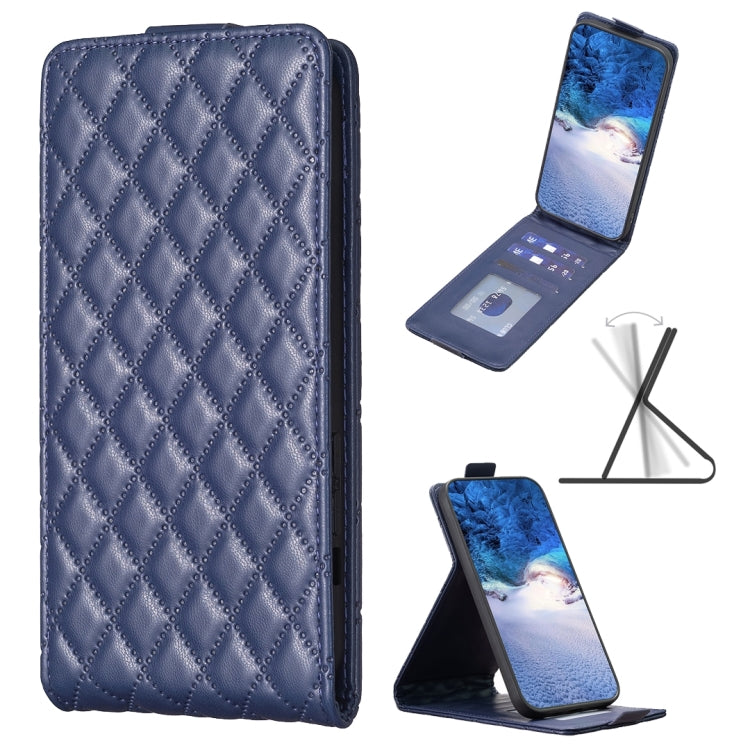 Diamond lattice leather flip phone case in dark blue, with camera cutout.