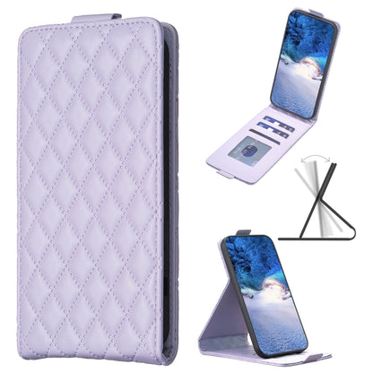 Diamond lattice leather flip phone case in light lavender, with card slot and stand view.