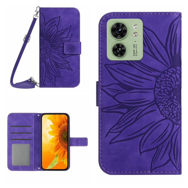 Dark purple flip phone case with lanyard strap and embossed flower pattern, card slots