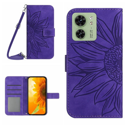 Dark purple flip phone case with lanyard strap and embossed flower pattern, card slots