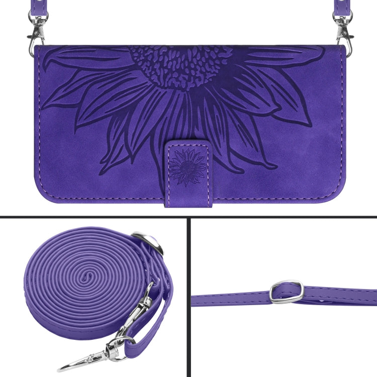 Purple embossed flip phone case with lanyard crossbody strap and clasp, sunflower motif