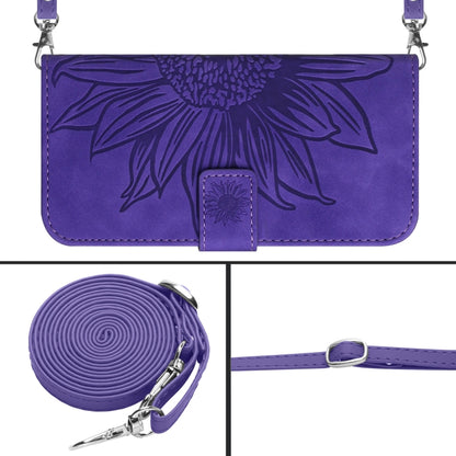 Purple embossed flip phone case with lanyard crossbody strap and clasp, sunflower motif