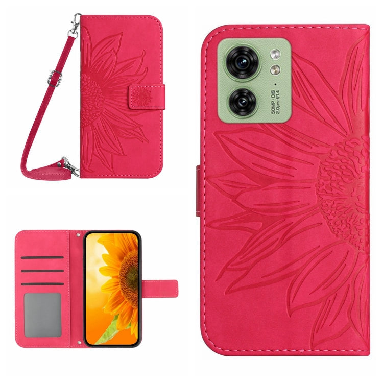 Rose red embossed flip leather phone case with lanyard, card slot, and front cover.