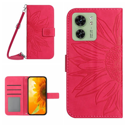 Rose red embossed flip leather phone case with lanyard, card slot, and front cover.