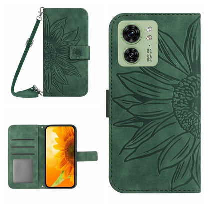 Dark green embossed flip leather phone case with lanyard, card slot, and front cover.
