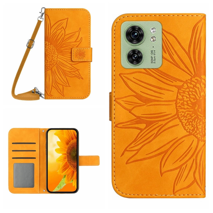 Orange embossed flip leather phone case with lanyard, card slot, and front cover.