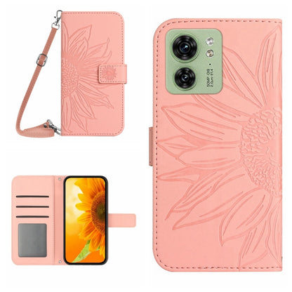 Light pink embossed flip leather phone case with lanyard, card slot, and front cover.