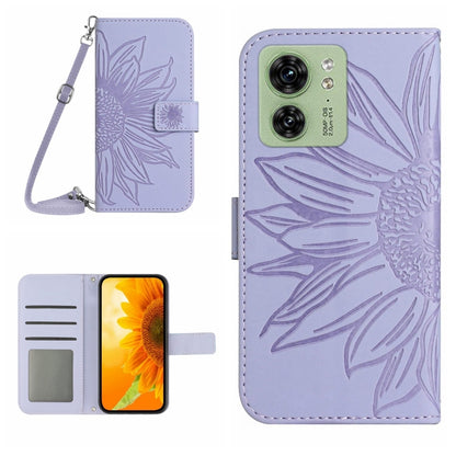 Lavender embossed flip leather phone case with lanyard, card slot, and front cover.