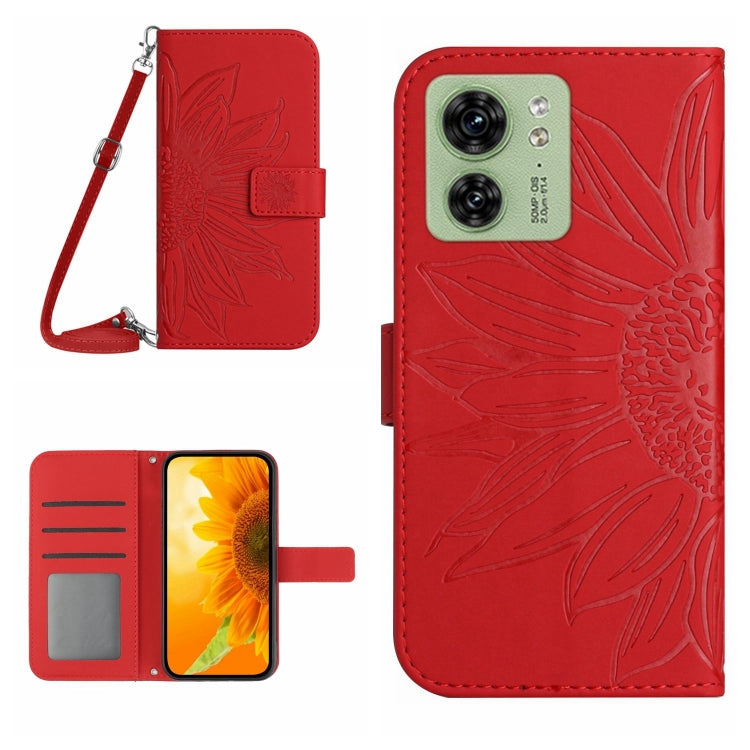 Red embossed flip leather phone case with lanyard, card slot, and front cover.