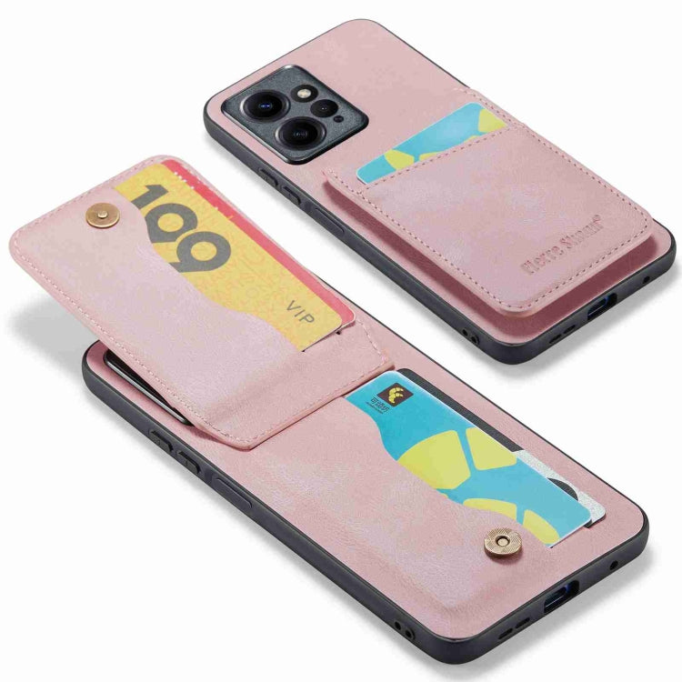 Pink phone card holder case with front card slots and camera cutout