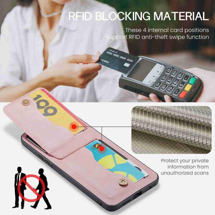 Pink phone card holder case with card pocket and multi-lens camera opening