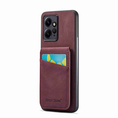 Burgundy phone card holder case with card pocket and camera cutout