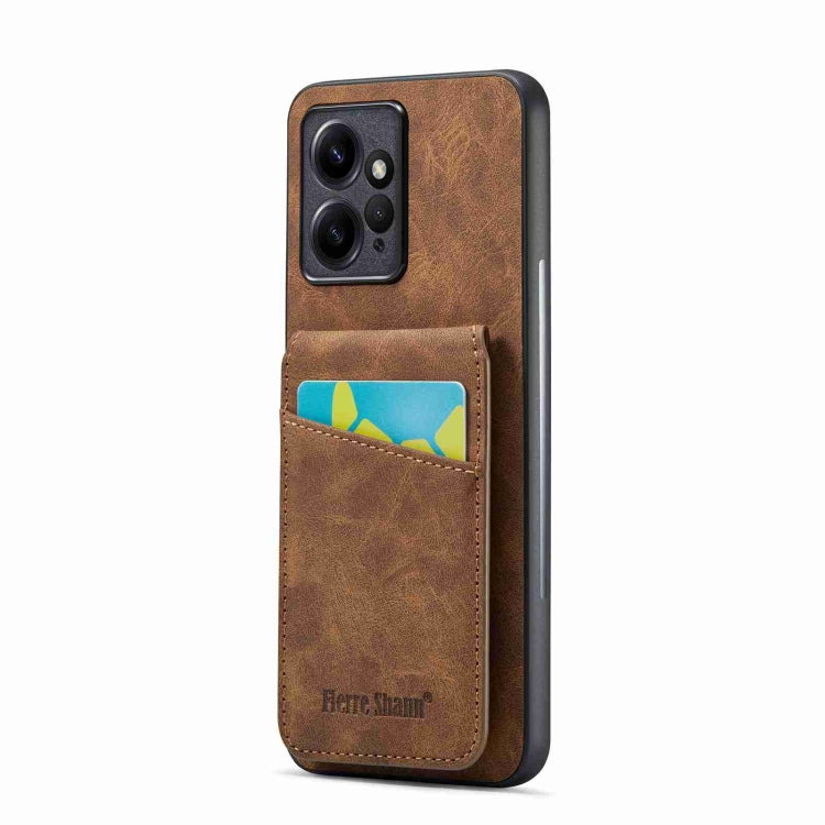 Brown phone card holder case with front card pocket and camera cutout