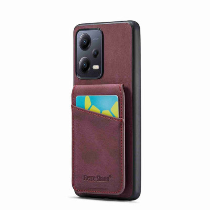 Crazy horse-style card holder phone case with vertical pocket, wine red PU finish