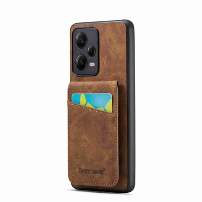 Crazy horse-style card holder phone case with vertical pocket, brown PU finish