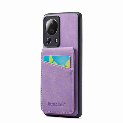 Purple card holder phone case with front camera cutout and side pocket