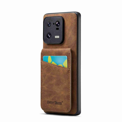 Brown card holder phone case with front camera cutout and card pocket