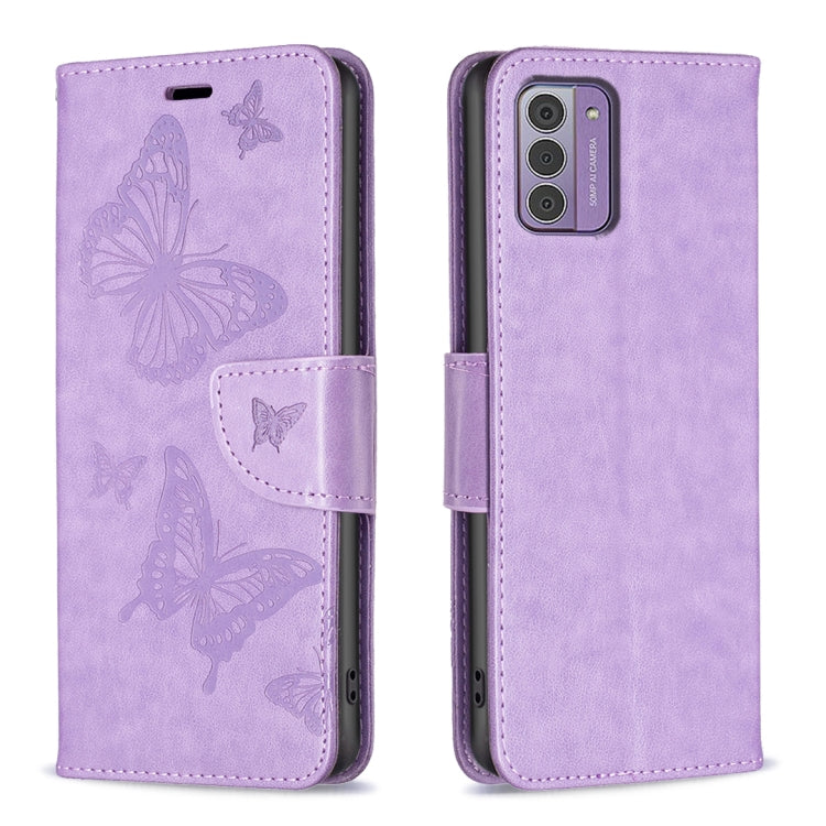 Embossing Two Butterflies Pattern Horizontal Flip PU Leather Case, For Nokia G42/G310