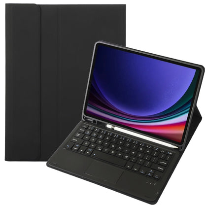 Black folio tablet case with Bluetooth keyboard, tablet stand, and pen holder