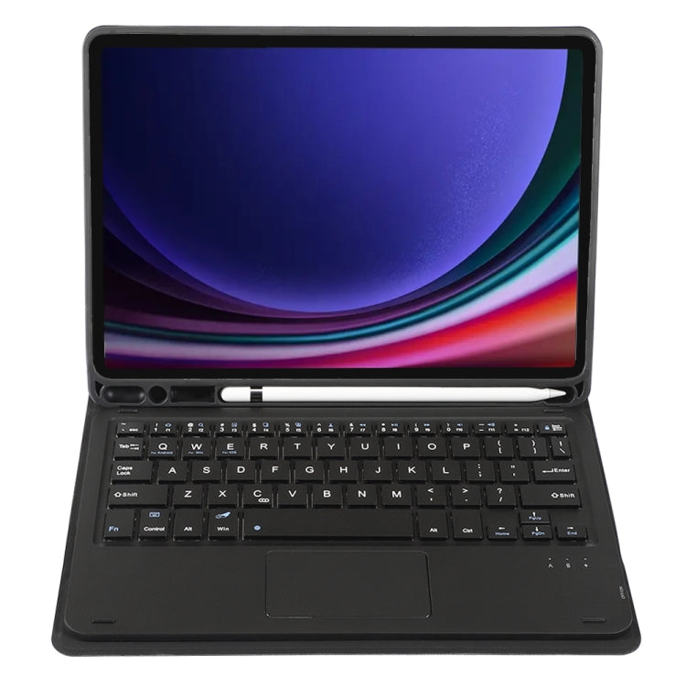 Black folio tablet case with full keyboard, tablet screen, and pen holder