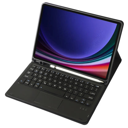 Black folio tablet case with keyboard and tablet stand, angled view