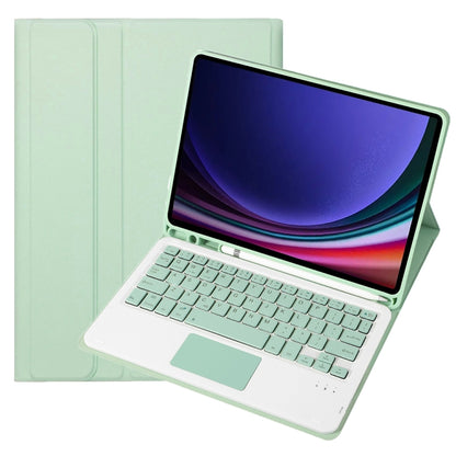 Light green folio tablet case with keyboard, tablet screen, and pen holder