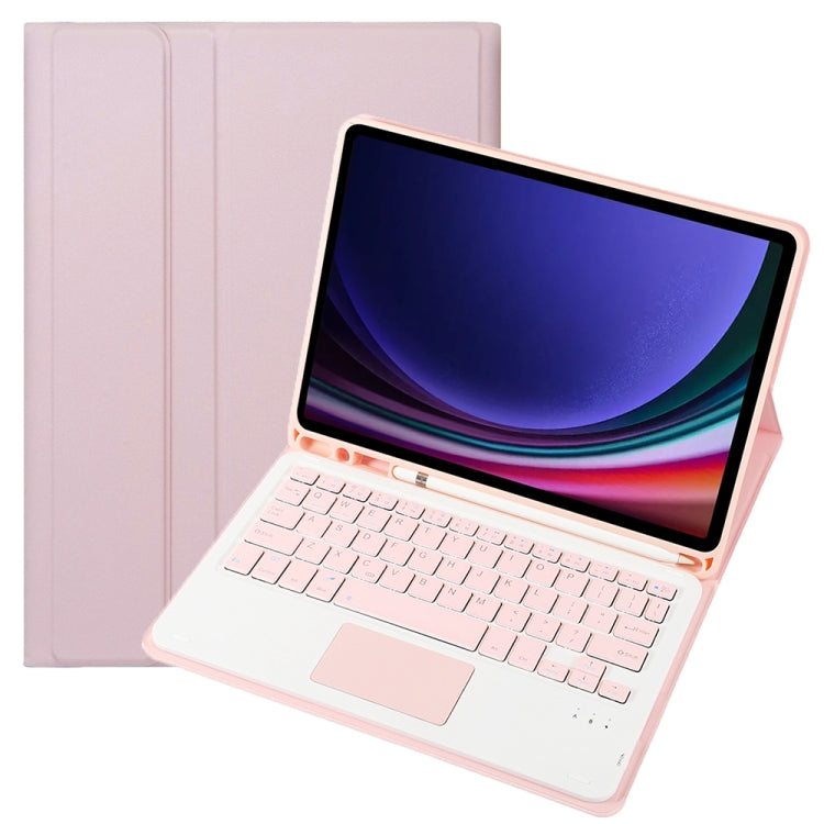 Pink folio tablet case with keyboard, tablet screen, and pen holder