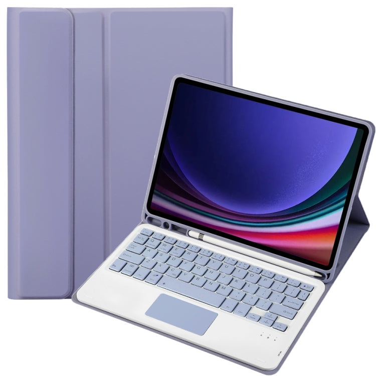Purple folio tablet case with keyboard, tablet screen, and pen holder