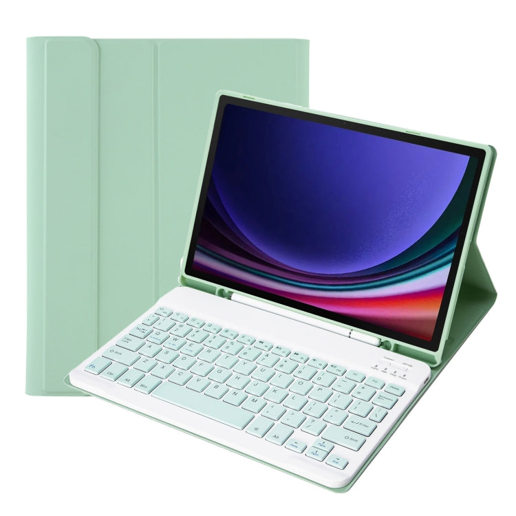 Light green Bluetooth keyboard tablet case with pen holder; tablet and keyboard visible.