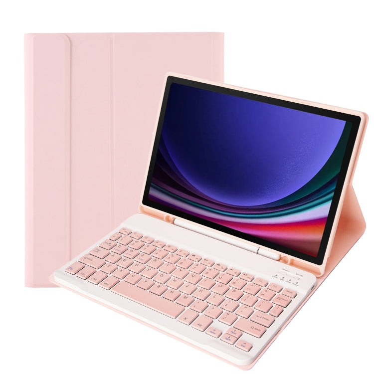 Pink Bluetooth keyboard tablet case with pen holder; tablet screen and keyboard shown.