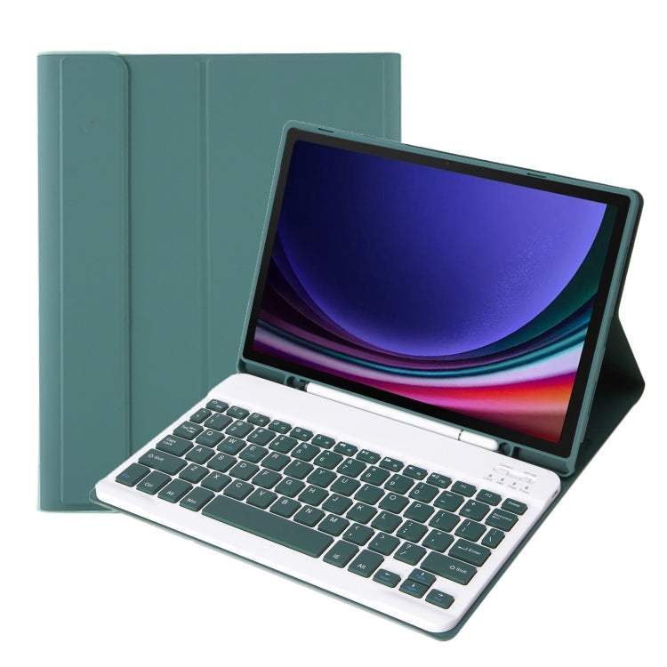 Dark green Bluetooth keyboard tablet case with pen holder; tablet and keyboard visible.