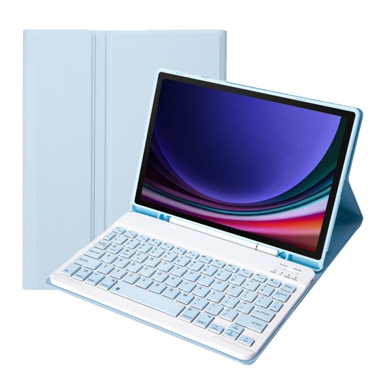 Ice blue Bluetooth keyboard tablet case with pen holder; tablet screen and keyboard shown.