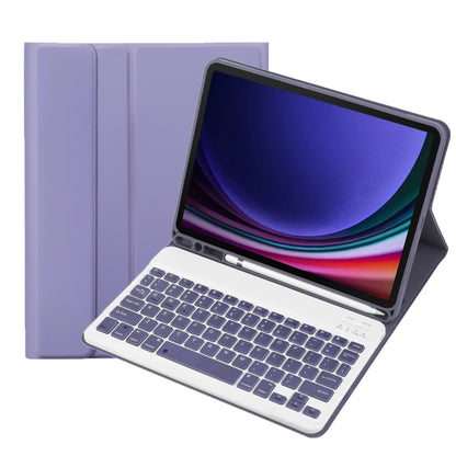 Purple Bluetooth keyboard tablet case with pen holder; tablet and keyboard visible.