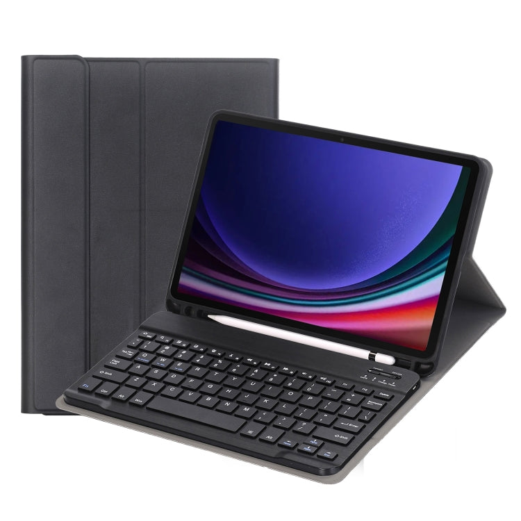 Black tablet case with built-in Bluetooth keyboard and pen holder, front open