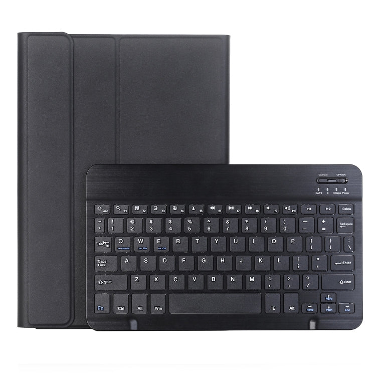 Black keyboard tablet case with keys visible and pen holder slot, front view