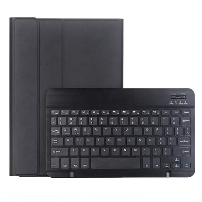 Black keyboard tablet case with keys visible and pen holder slot, front view