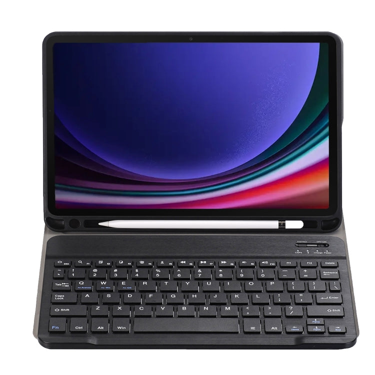 Black tablet case with Bluetooth keyboard and stylus holder, tablet on stand