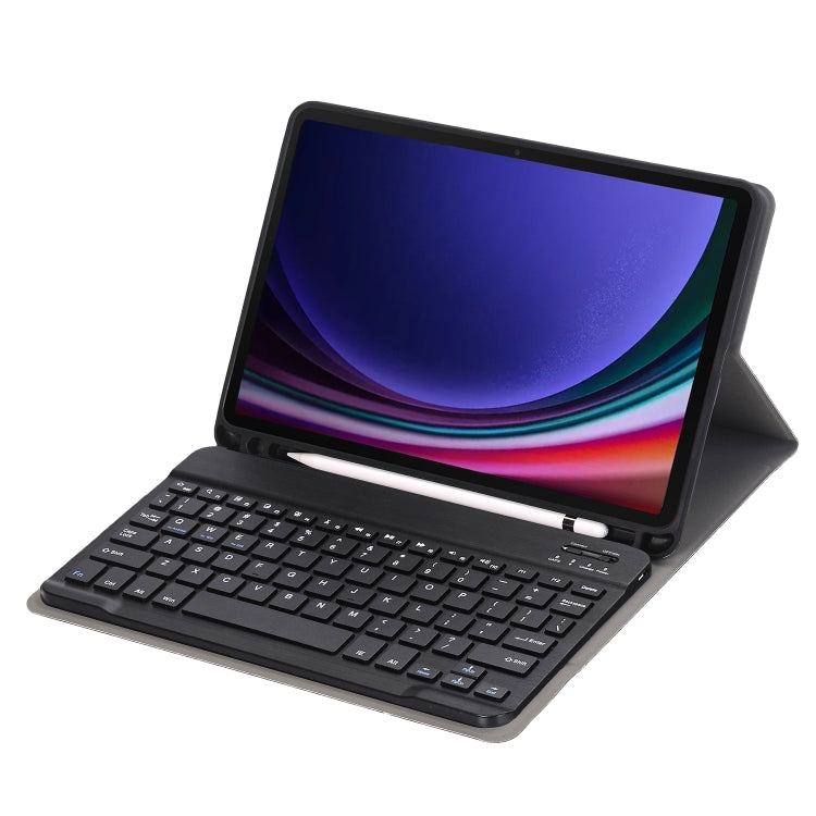Black tablet case with fold-out Bluetooth keyboard and pen holder, angled stand