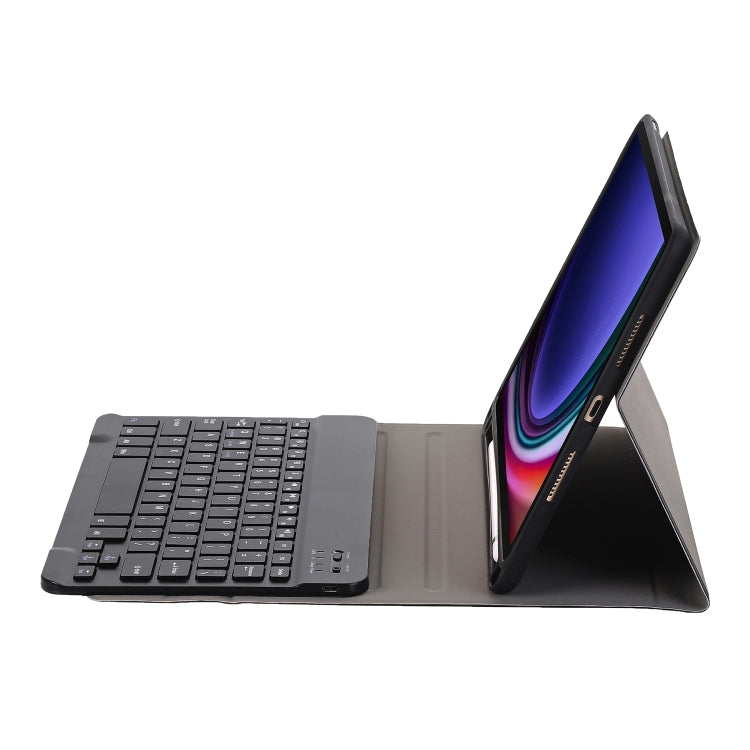 Black tablet case with detachable-style Bluetooth keyboard and pen holder, side view
