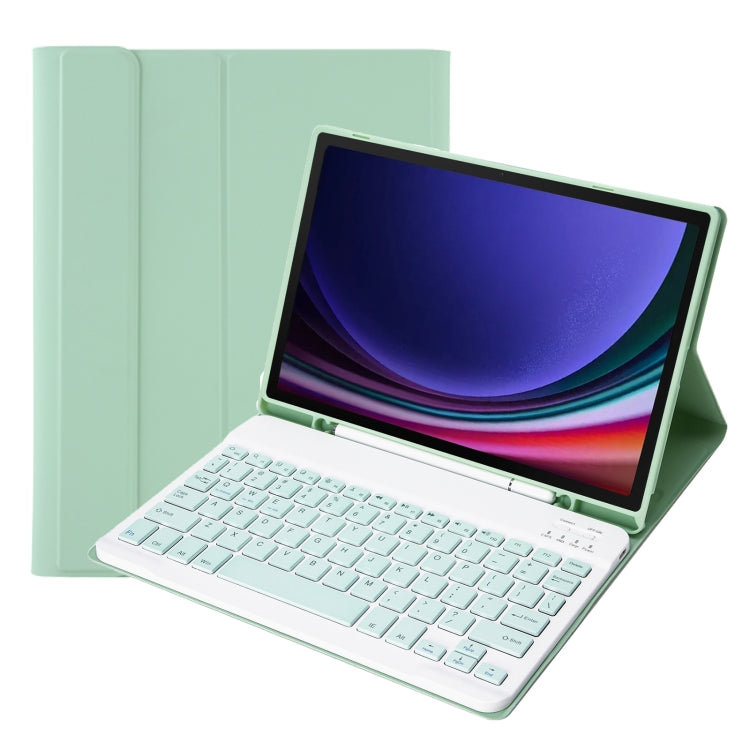 Light green tablet case with Bluetooth keyboard and pen holder, tablet on stand