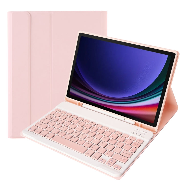 Pink tablet case with Bluetooth keyboard and pen holder, front angled view