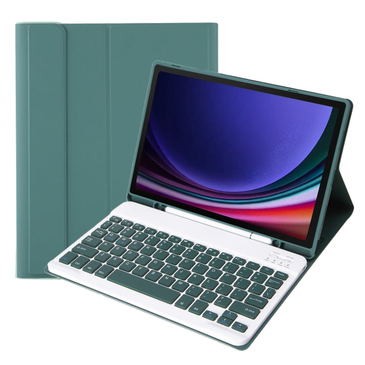 Dark green tablet case with Bluetooth keyboard and pen holder, keyboard in use