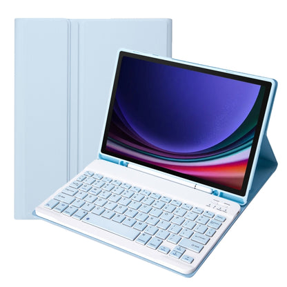 Ice blue tablet case with Bluetooth keyboard and pen holder, front open