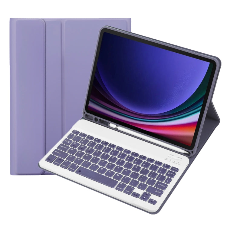 Purple tablet case with Bluetooth keyboard and pen holder, tablet on angled stand
