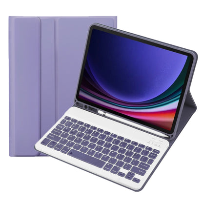 Purple tablet case with Bluetooth keyboard and pen holder, tablet on angled stand