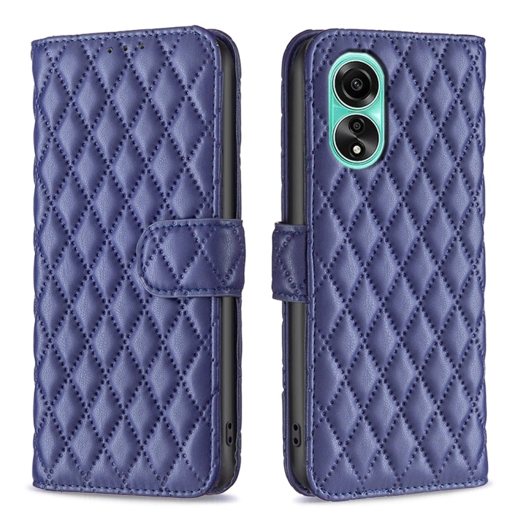 Blue leather-style flip phone case with diamond lattice, magnetic wallet flap and cutouts