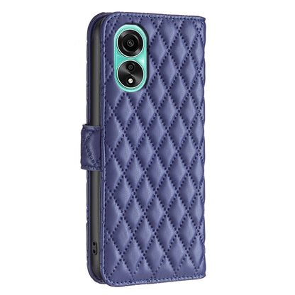 Blue leather folio flip case with diamond lattice texture and camera cutout