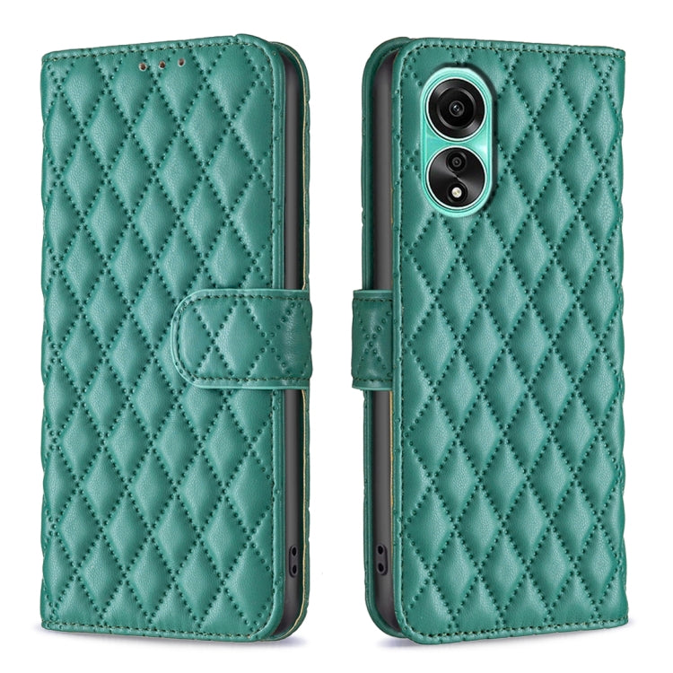 Green leather-style flip phone case with diamond lattice, magnetic wallet flap and camera opening