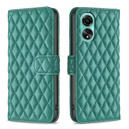 Green leather-style flip phone case with diamond lattice, magnetic wallet flap and camera opening