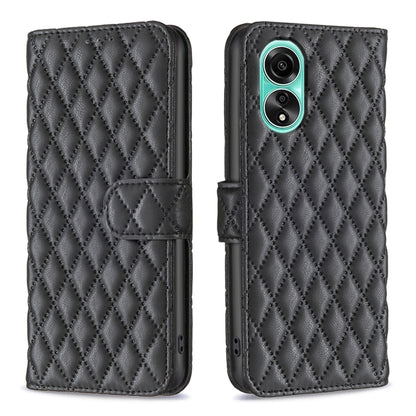 Black diamond-lattice leather flip phone case with wallet flap and camera cutout